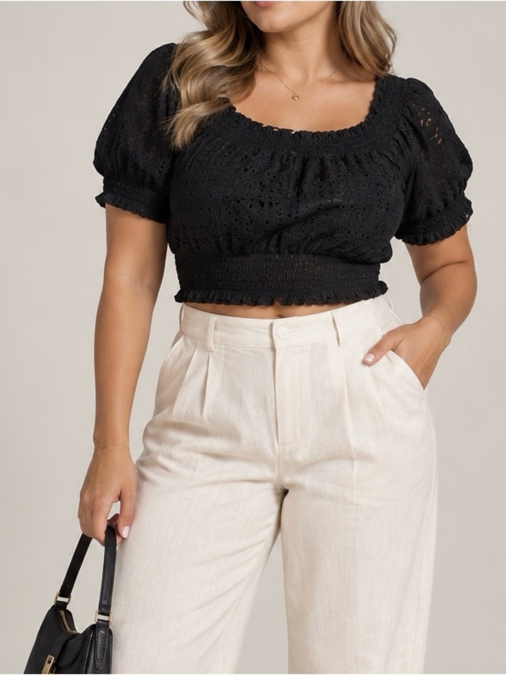 J. Crew Black Eyelet Smocked Crop Top